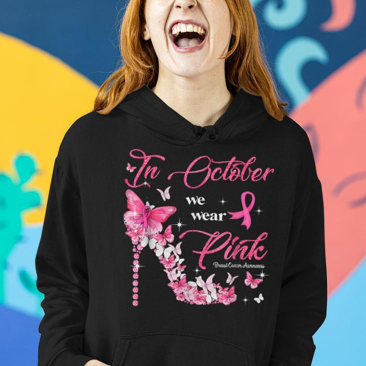 In October We Wear Pink Breast Cancer High Heels Butterfly Women Hoodie Gifts for Her