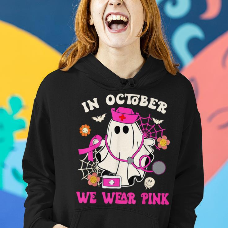 In October We Wear Pink Ghost Nurse Breast Cancer Halloween Women Hoodie Gifts for Her