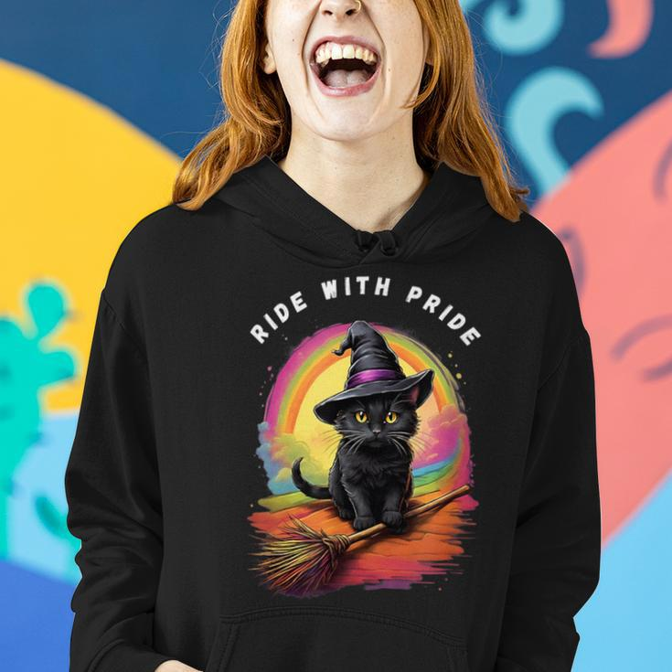 Ride With Pride Queer Witchy Lgbt Rainbow Cat Meme Halloween Women Hoodie Gifts for Her