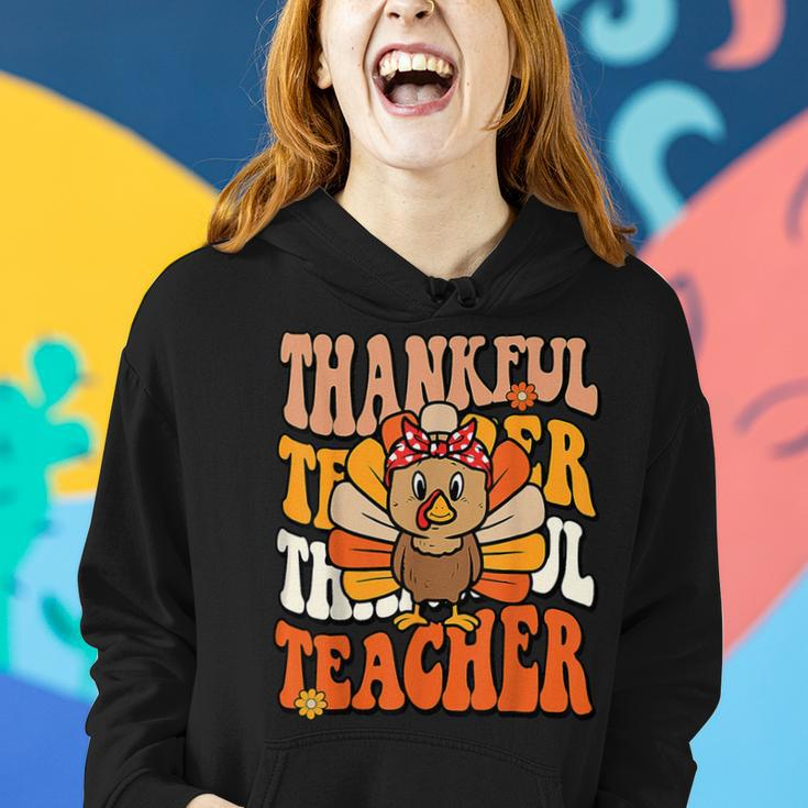 Thankful Teacher Retro Groovy Thanksgiving Turkey Teacher Women Hoodie Gifts for Her