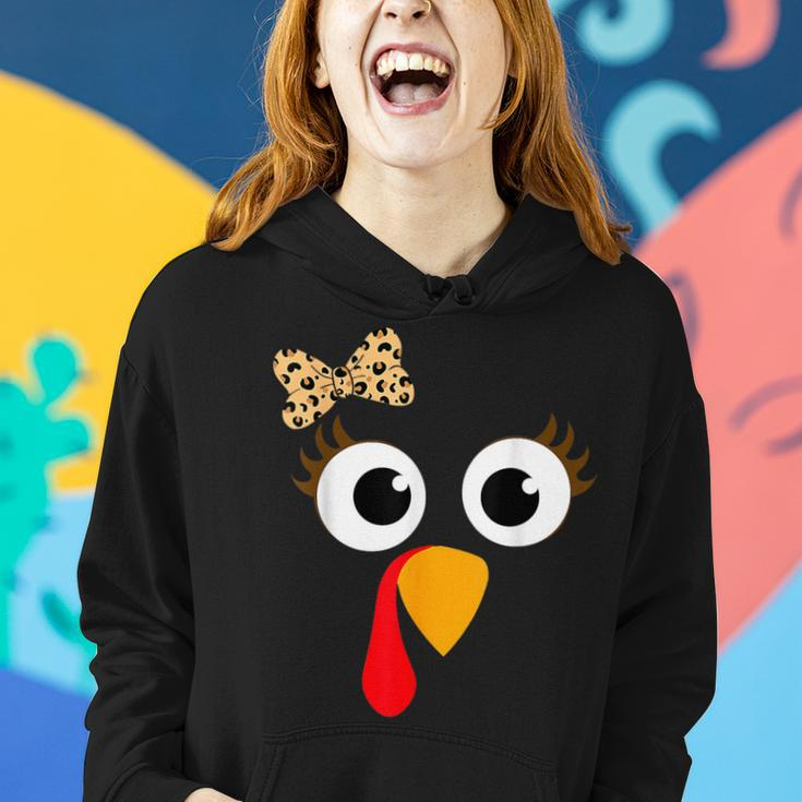 Thanksgiving Turkey Face Girl Leopard Bow Turkey Women Hoodie Gifts for Her