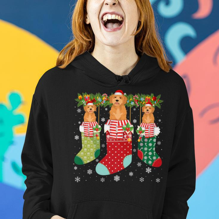 Three Goldendoodle Dog In Socks Ugly Christmas Sweater Party Women Hoodie Gifts for Her