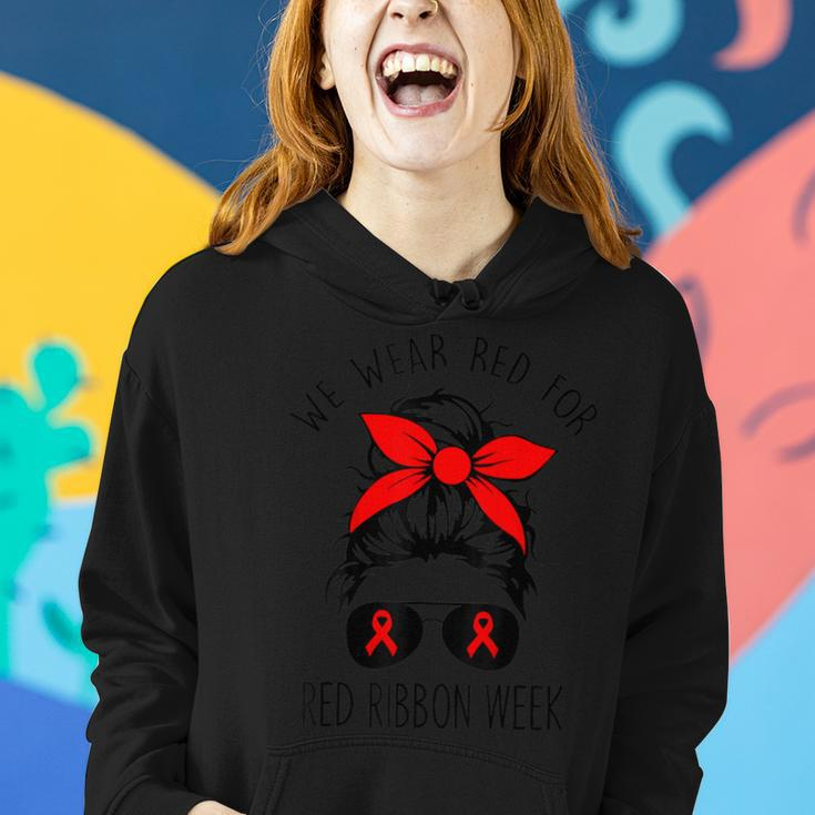 We Wear Red For Red Ribbon Week Awareness Messy Bun Women Hoodie Gifts for Her