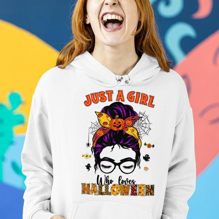 Just A Girl Who Loves Halloween Scary Messy Bun Costume Women Hoodie Gifts for Her