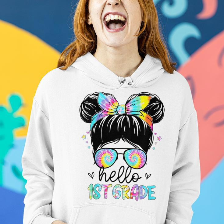 Kids Hello 1St Grade Messy Hair Bun Girl Back To School First Day Women Hoodie Gifts for Her