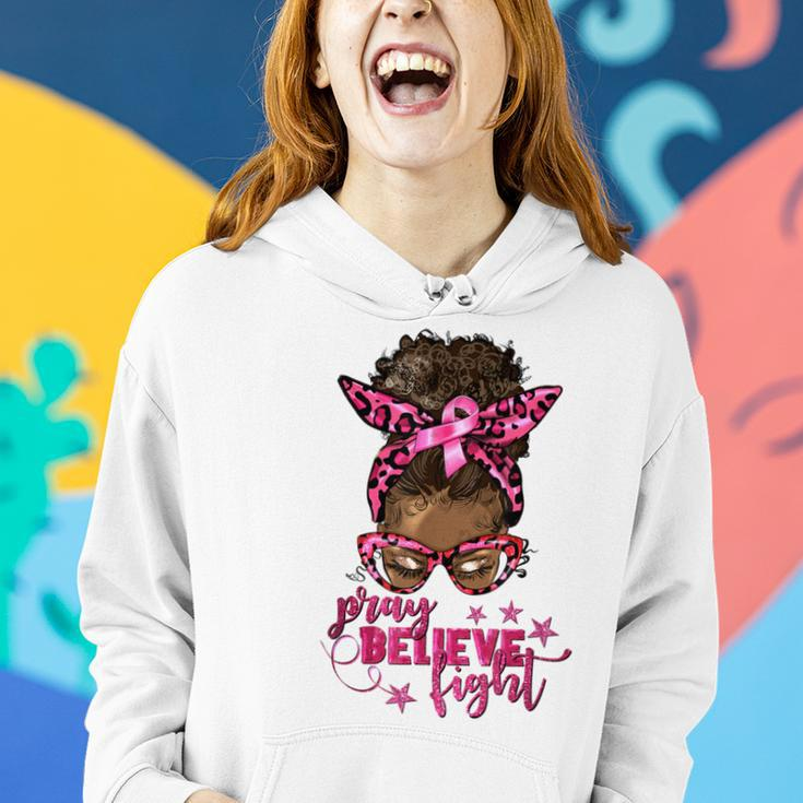 Pray Believe Fight Breast Cancer Afro Messy Bun Women Hoodie Gifts for Her