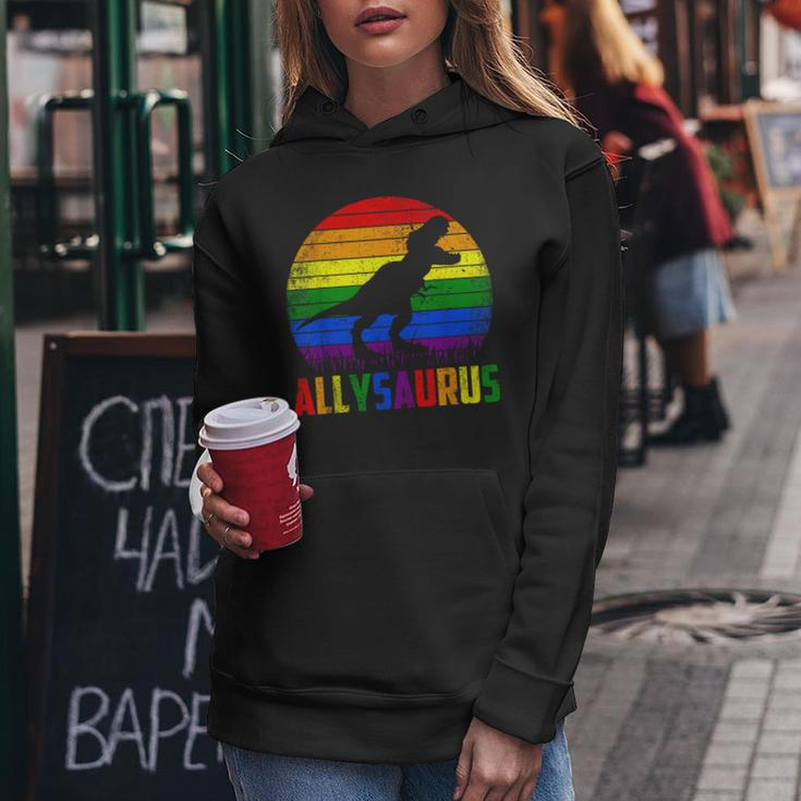 Ally Saurus Dinosaur Lgbt Flag Gay Pride Retro Lgbtq Rainbow Women Hoodie Unique Gifts