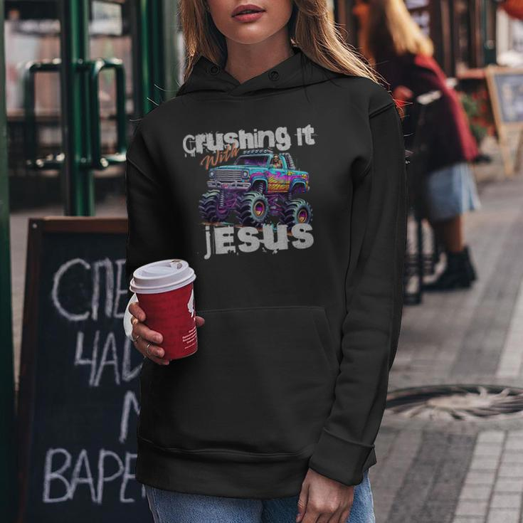 Crushing It With Jesus Christian Monster Truck Jesus Women Hoodie Unique Gifts