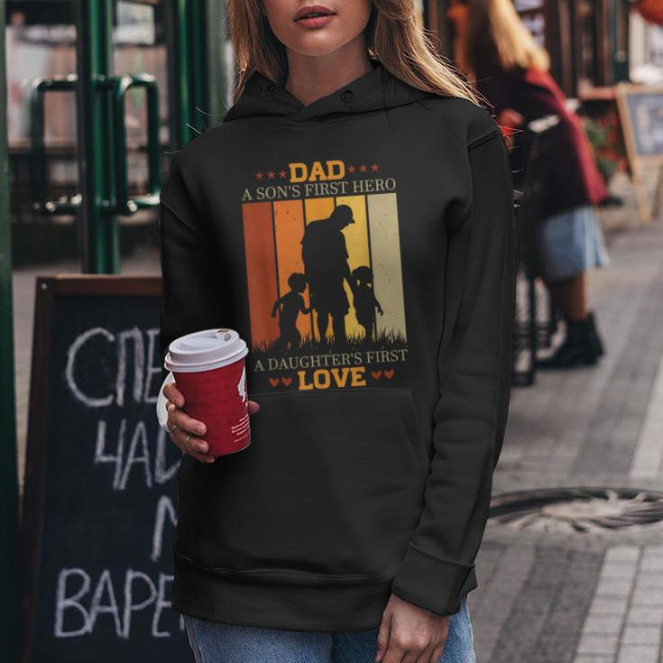 Dad A Sons First Hero A Daughters First Love For Fathers Day Women Hoodie Unique Gifts