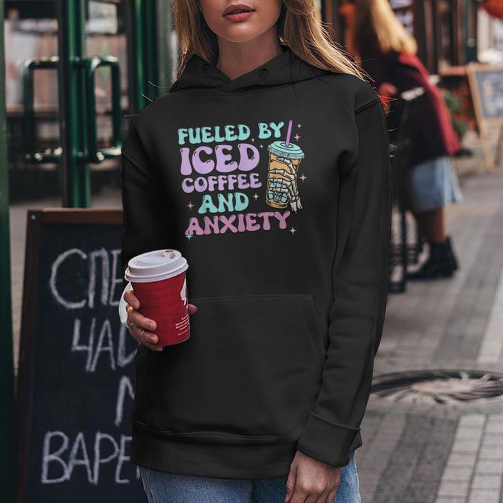 Fueled By Iced Coffee And Anxiety Retro Coffee Lover Women Hoodie Funny Gifts
