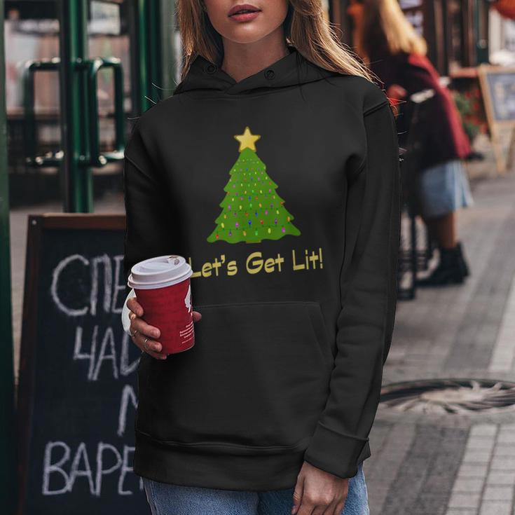 Funny Christmas Tree Lets Get Lit Drinking Alcohol Men Adult Women Hoodie Unique Gifts