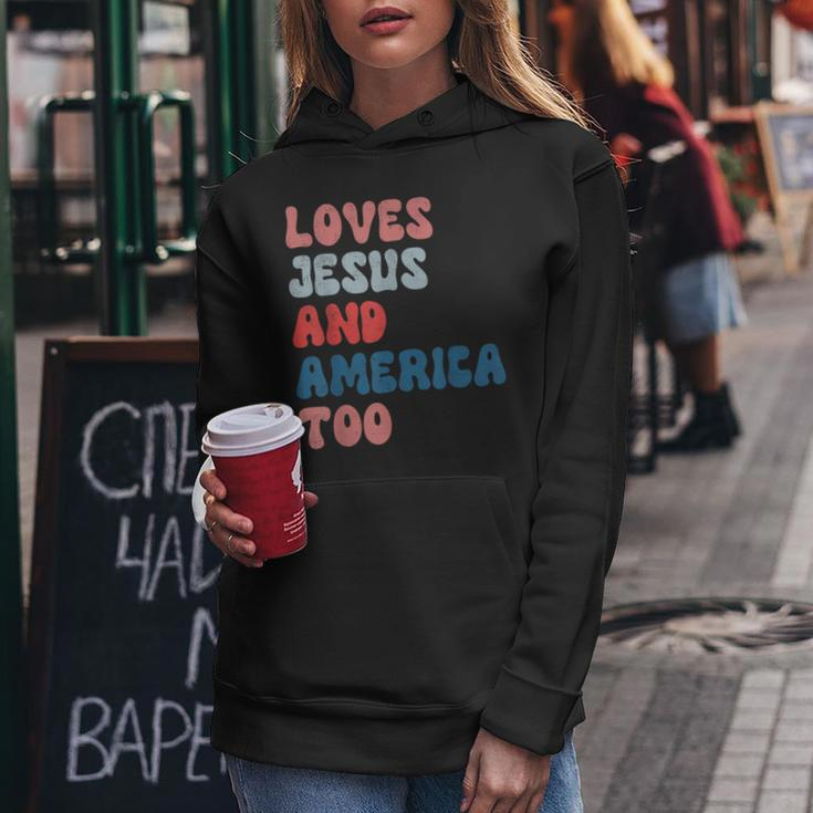 Loves Jesus And America Too Vintage 4Th Of July Mens Womens Women Hoodie Unique Gifts