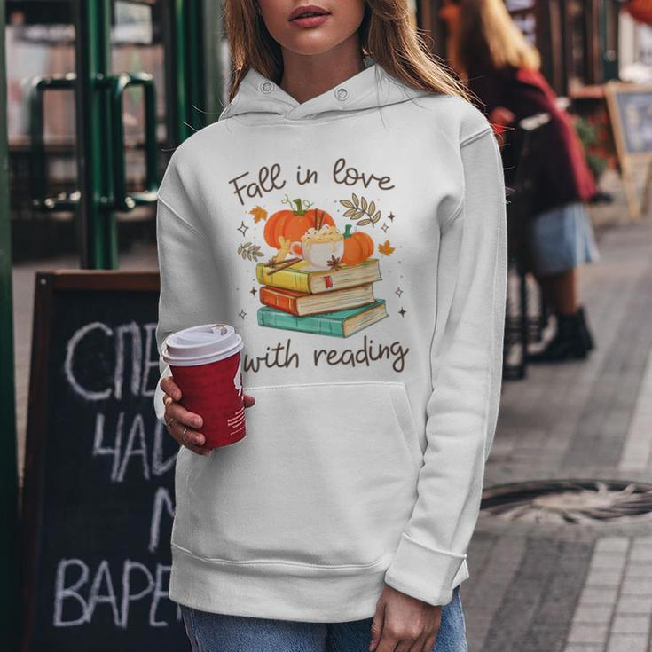 Fall In Love With Reading Book Autumn Pumpkins And Teachers Women Hoodie Unique Gifts