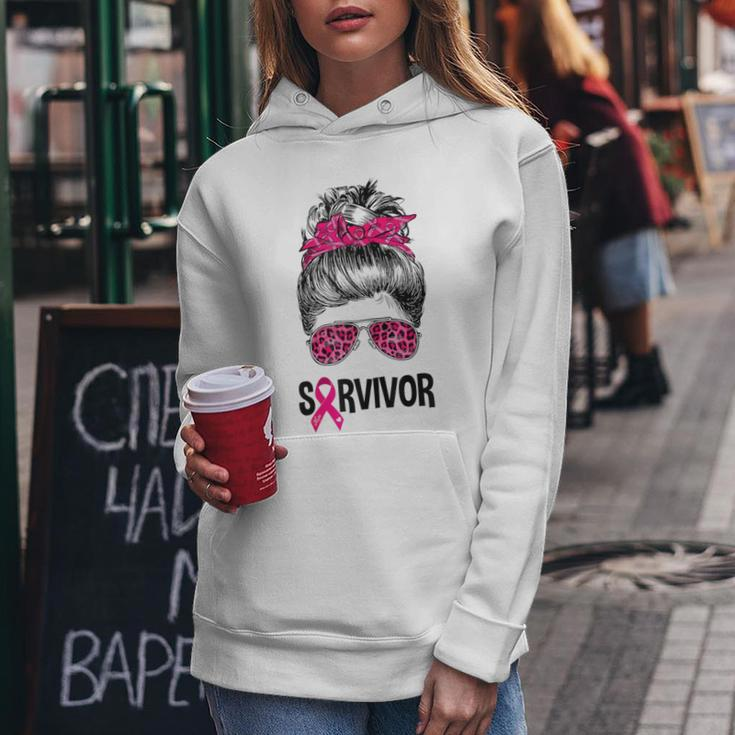 Survivor Messy Bun Pink Ribbon Breast Cancer Awareness Women Hoodie Funny Gifts