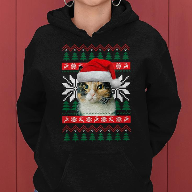 Calico Cat Ugly Christmas Sweater Style Santa Hat Kitty Mom Women Hoodie