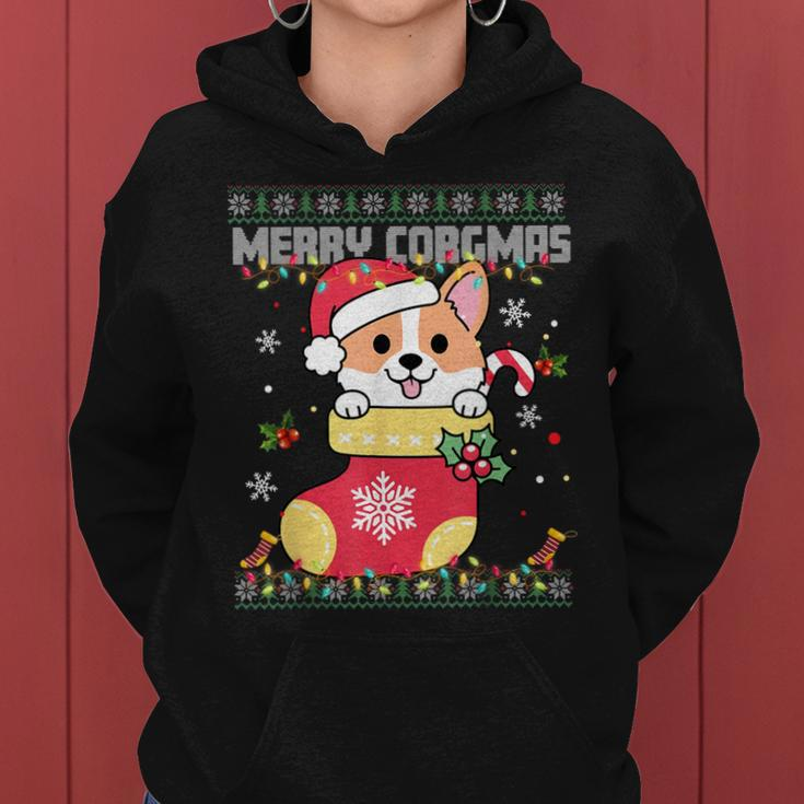 Corgi Ugly Christmas Sweater Merry Corgmas Stocking Santa Women Hoodie