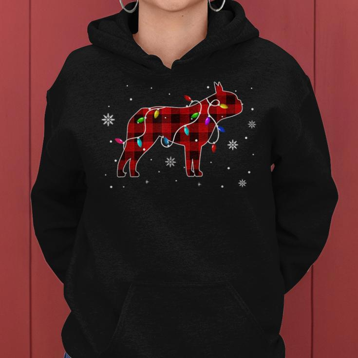 Funny Boston Terrier Dog Christmas Lights Red Plaid Pajama Boston Funny Gifts Women Hoodie