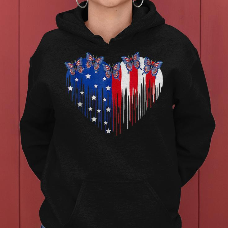 Funny Butterfly Heart With Usa Flag Patriotic 4Th Of July Women Hoodie