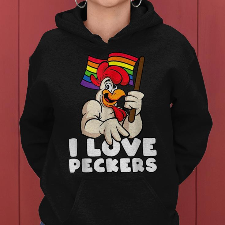 Lgbt Rainbow Flag Rooster Pun I Love Peckers Gay Chicken Dad Women Hoodie