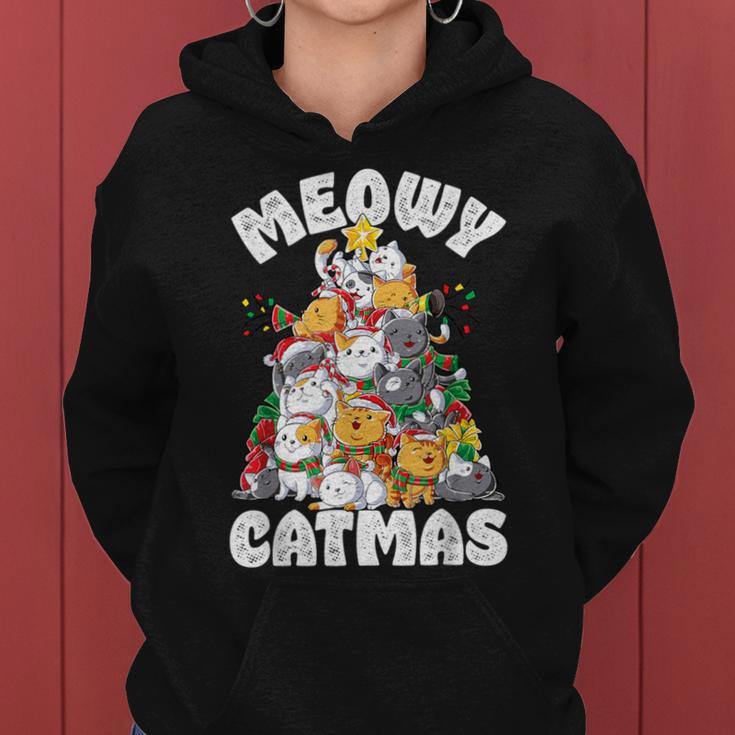 Meowy Catmas Cat Christmas Tree Xmas Girls Boys Santa Short Sleeve Women Hoodie