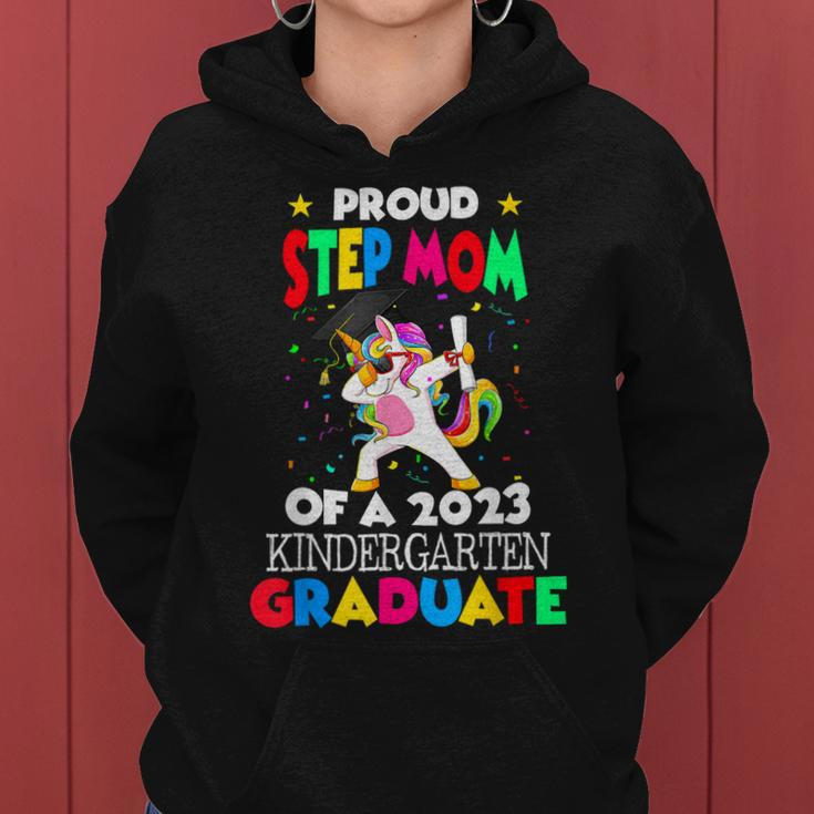 Proud Step Mom Of A 2023 Kindergarten Graduate Unicorn Grad Women Hoodie