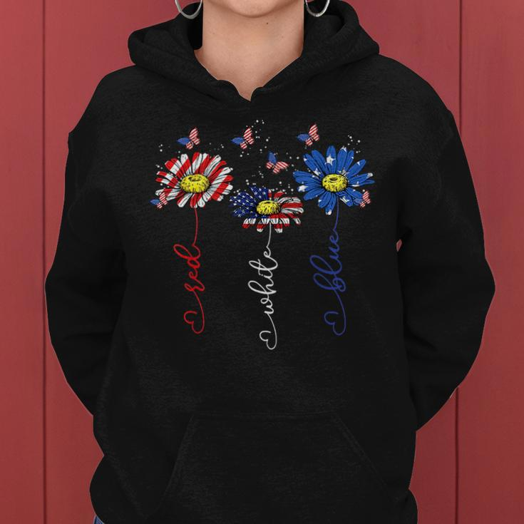 Red White Blue Daisy Butterfly Usa Flag Funny 4Th Of July Women Hoodie