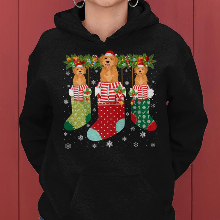 Three Goldendoodle Dog In Socks Ugly Christmas Sweater Party Women Hoodie