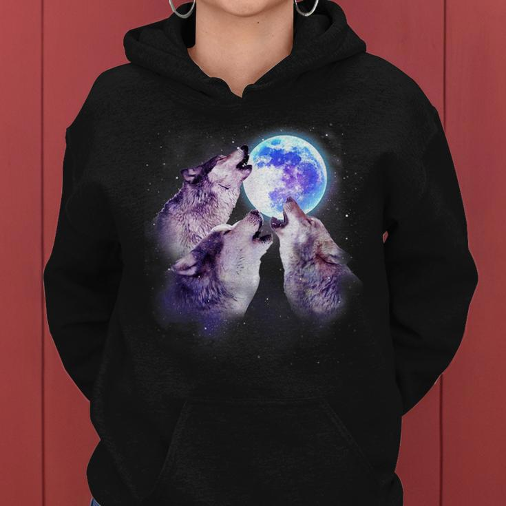 Three Grey Wolf Howling At The Moon 3 Wolves Space Galaxy Women Hoodie