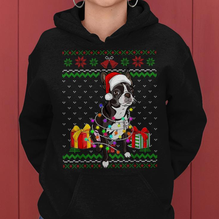 Ugly Sweater Christmas Lights Boston Terrier Dog Lover Women Hoodie