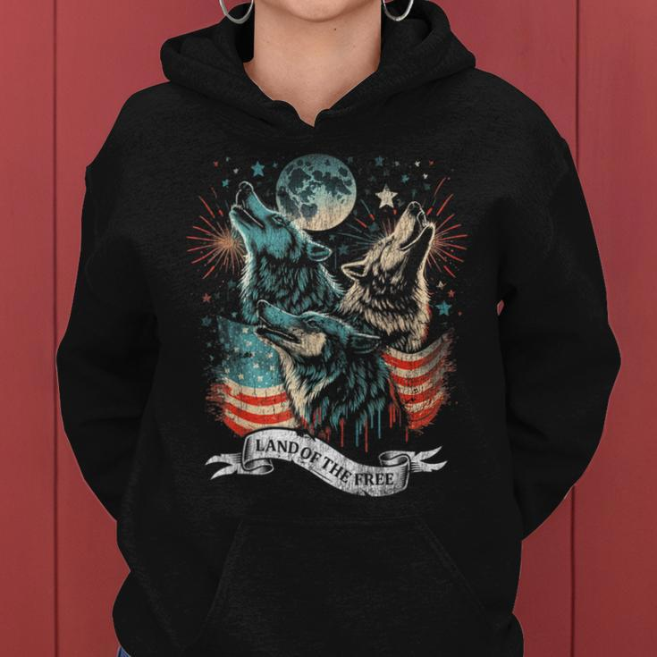 Wolf 4Th Of July American Flag Howling America Moon Funny Women Hoodie