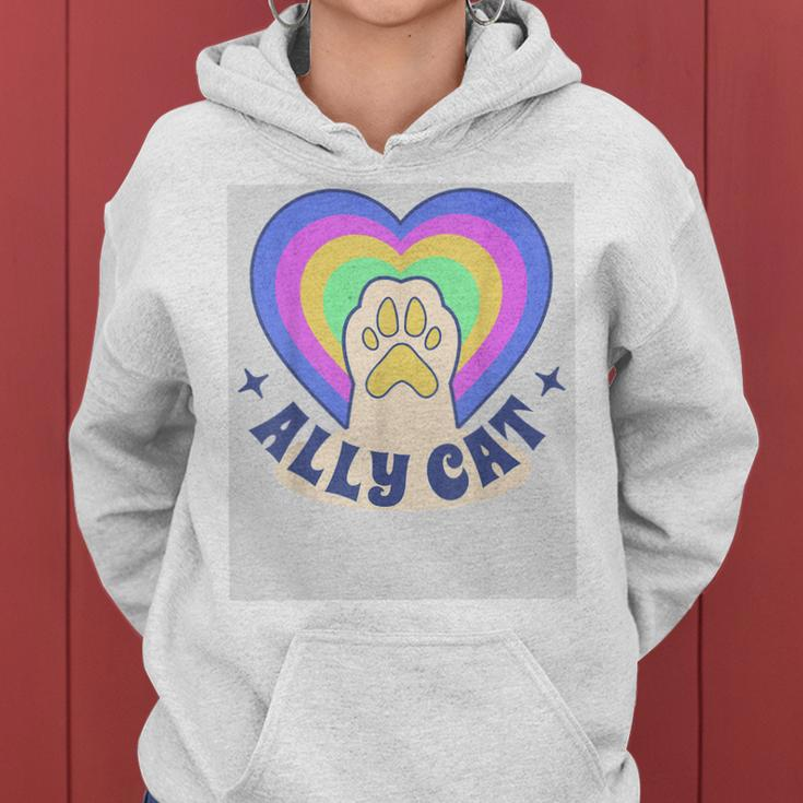 Ally Cat Lgbt Gay Pride Month 2023 Lgbtq Rainbow Heart Paw Women Hoodie