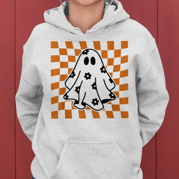 Checkered Daisy Ghost Floral Ghost Halloween Groovy Ghost Women Hoodie