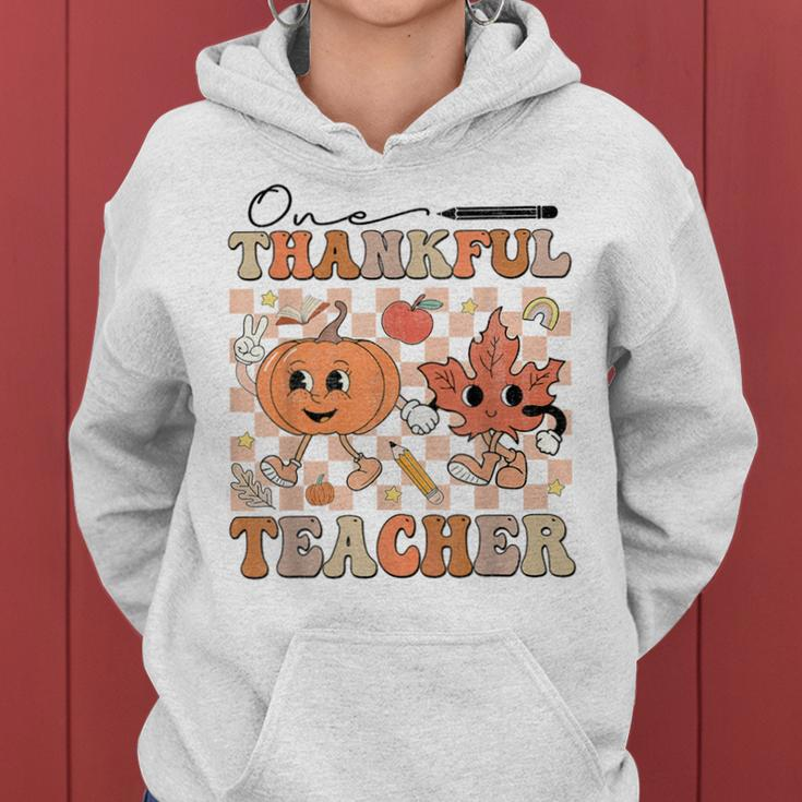 One Thankful Teacher Thanksgiving Groovy Fall Autumn Teacher Women Hoodie