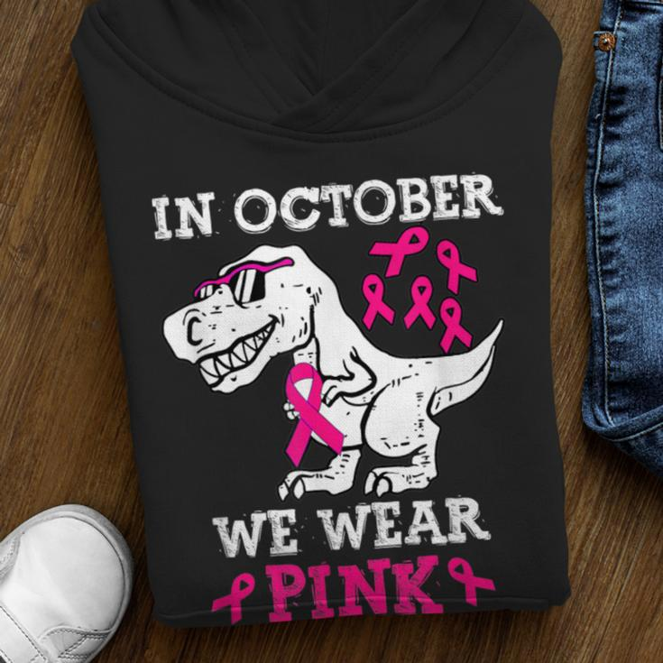 In October We Wear Pink Breast Cancer Dinosaur Toddler Boys Youth Hoodie