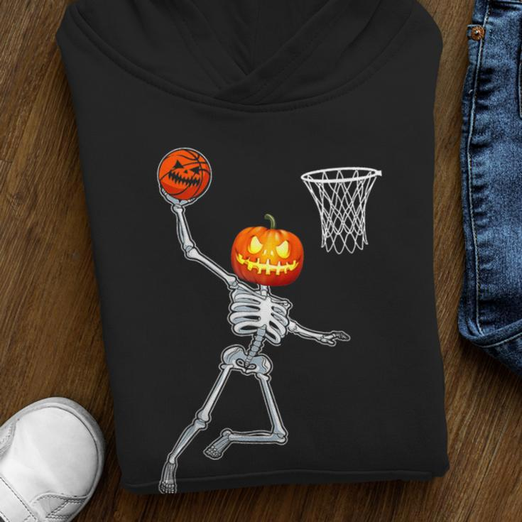 Pumpkin Skeleton Playing Basketball Halloween Costume Boys Youth Hoodie