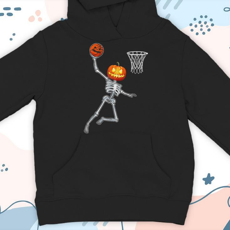 Pumpkin Skeleton Playing Basketball Halloween Costume Boys Youth Hoodie