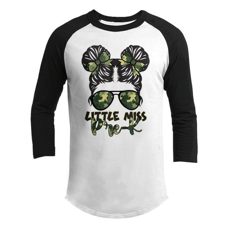 Camo Little Miss Pre-K Messy Bun Teacher And Child  Gifts For Teacher Funny Gifts Youth Raglan Shirt