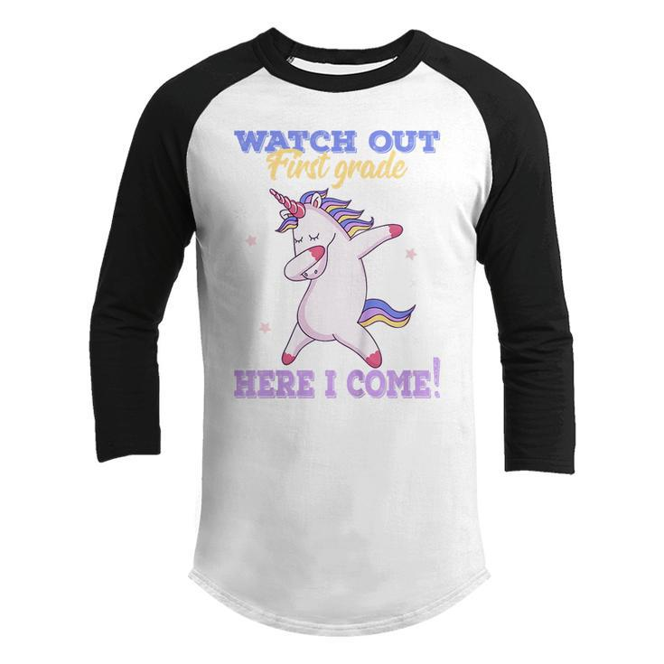 Kids First Grade  Watch Out First Grade Here I Come  Youth Raglan Shirt
