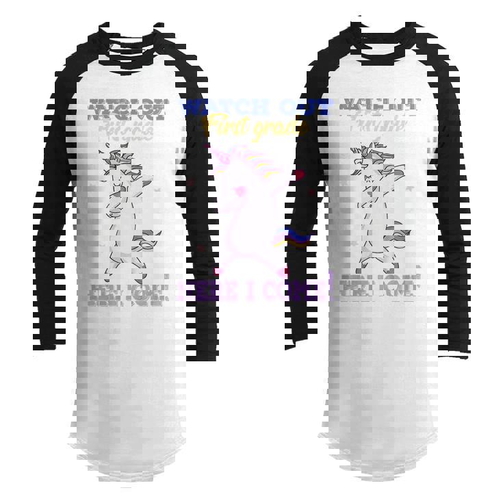 Kids Funny First Grade  Watch Out First Grade Here I Come  Youth Raglan Shirt