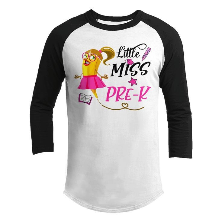 Pre K  For Girls Cute Crayon Little Miss Pre K Student  Youth Raglan Shirt