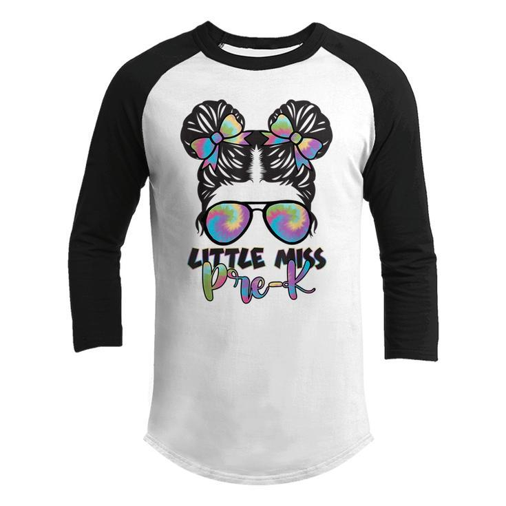 Tie Dye Little Miss Pre-K Messy Bun Teacher And Child  Gifts For Teacher Funny Gifts Youth Raglan Shirt