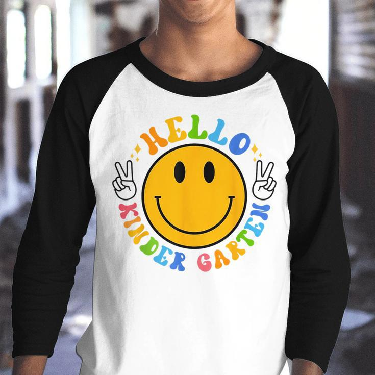 Groovy Hello Kindergarten Vibes Retro Teacher Back To School Gifts For Teacher Funny Gifts Youth Raglan Shirt