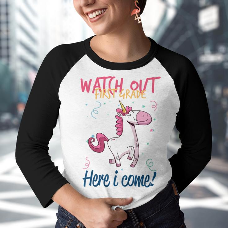 Kids Funny First Grade Gift Watch Out First Grade Here I Come Youth Raglan Shirt