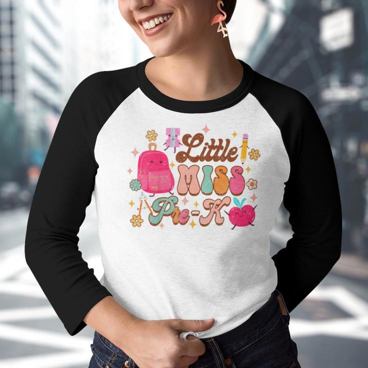Kids Little Miss Pre-K Baby Girl First Day Of School Groovy Little Miss Gifts Youth Raglan Shirt