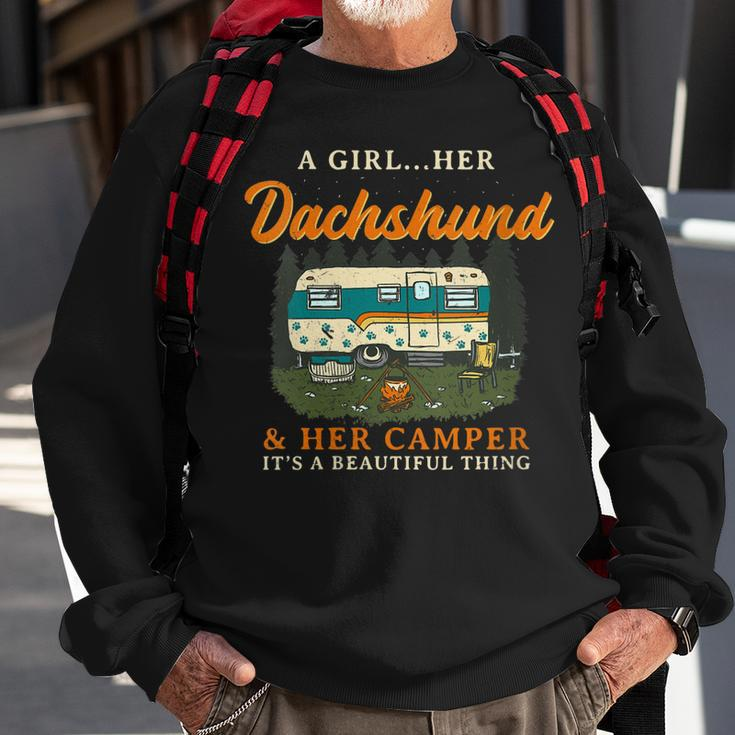 A Girl Her Dachshund And Her Camper Weiner Camping Gift For Womens Sweatshirt Gifts for Old Men