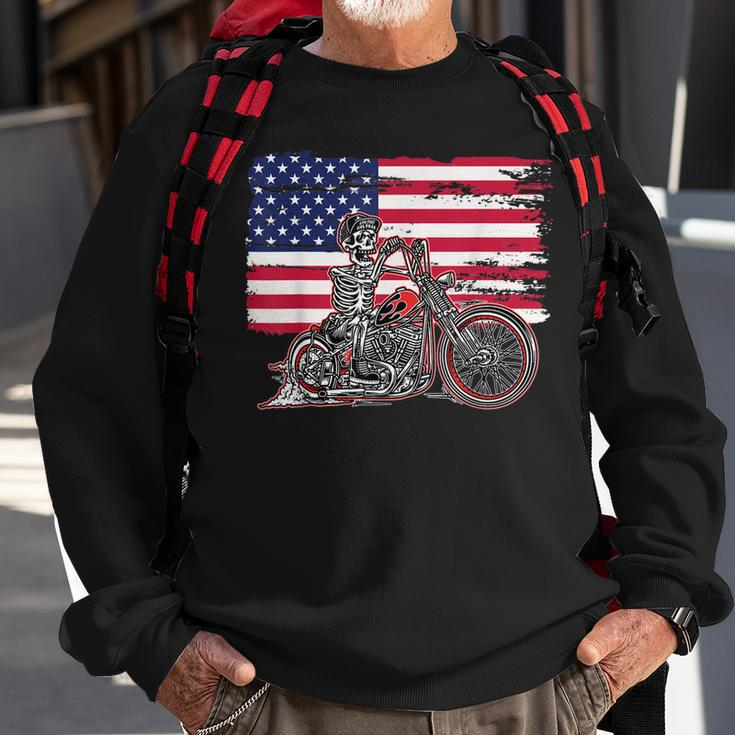 American Flag Motorcycle Skeleton Biker Bobber Chopper Rider Sweatshirt Gifts for Old Men