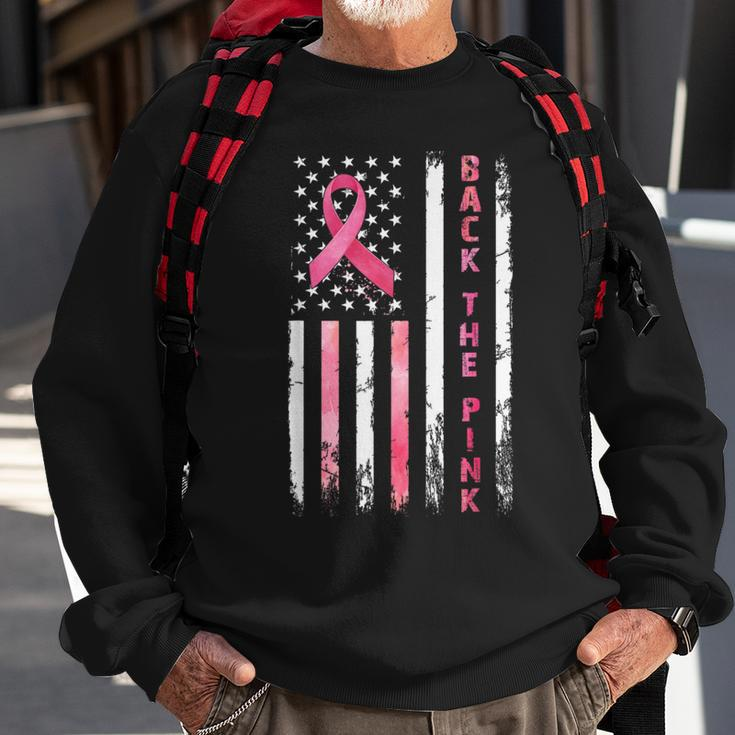 Back The Pink Ribbon American Flag Breast Cancer Warrior Sweatshirt Gifts for Old Men