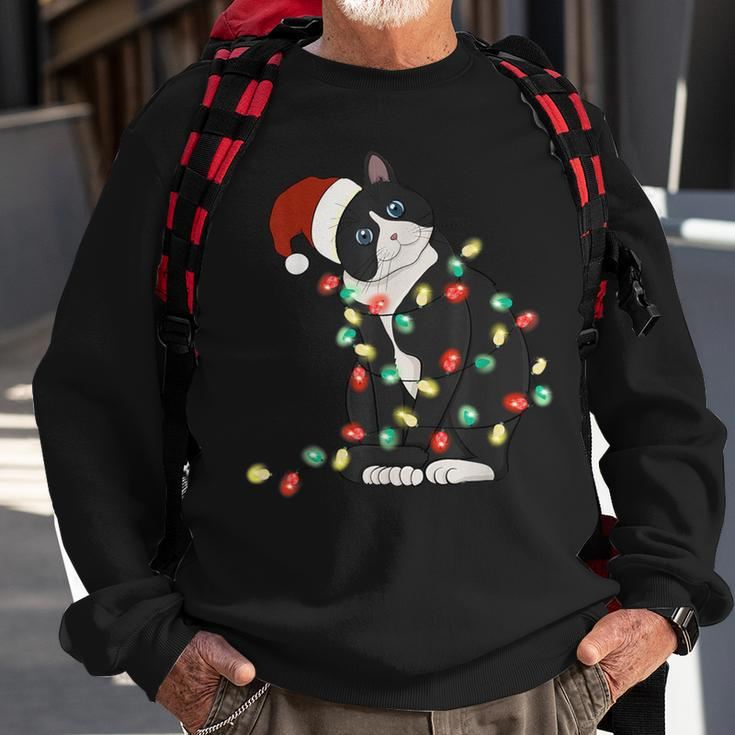 Black Cat Christmas Lights Cat Lover Xmas Pajama Sweatshirt Gifts for Old Men