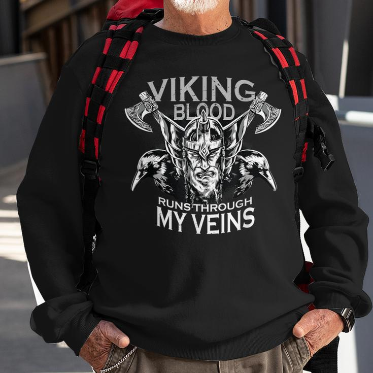 Cool Viking Text Viking Blood Runs Through My Veins Sweatshirt Gifts for Old Men