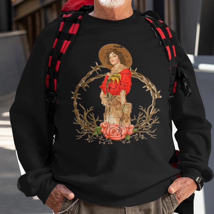 Cowgirl Distressed Barbwire Roses Guns And Horses Sweatshirt Gifts for Old Men